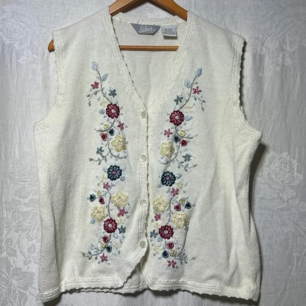 VTG Blair Vest XL Cream Embroidered Floral Crochet Detail Granny Cottage - Picture 1 of 10